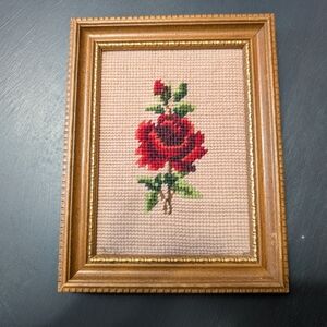 Vintage Needle Point Cross Stitch Rose In Wooden Frame With Golden Trim
